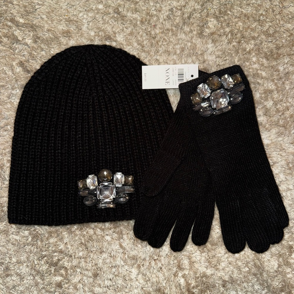 Ann Taylor Black Knit Beanie and Gloves with Gem Details Set